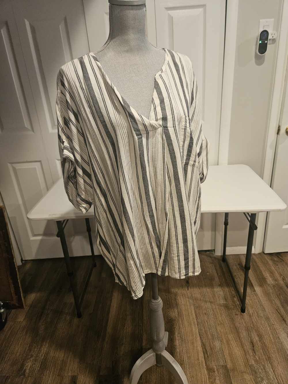 Old Navy Lightweight Striped V-Neck Blouse in Ivory and Charcoal